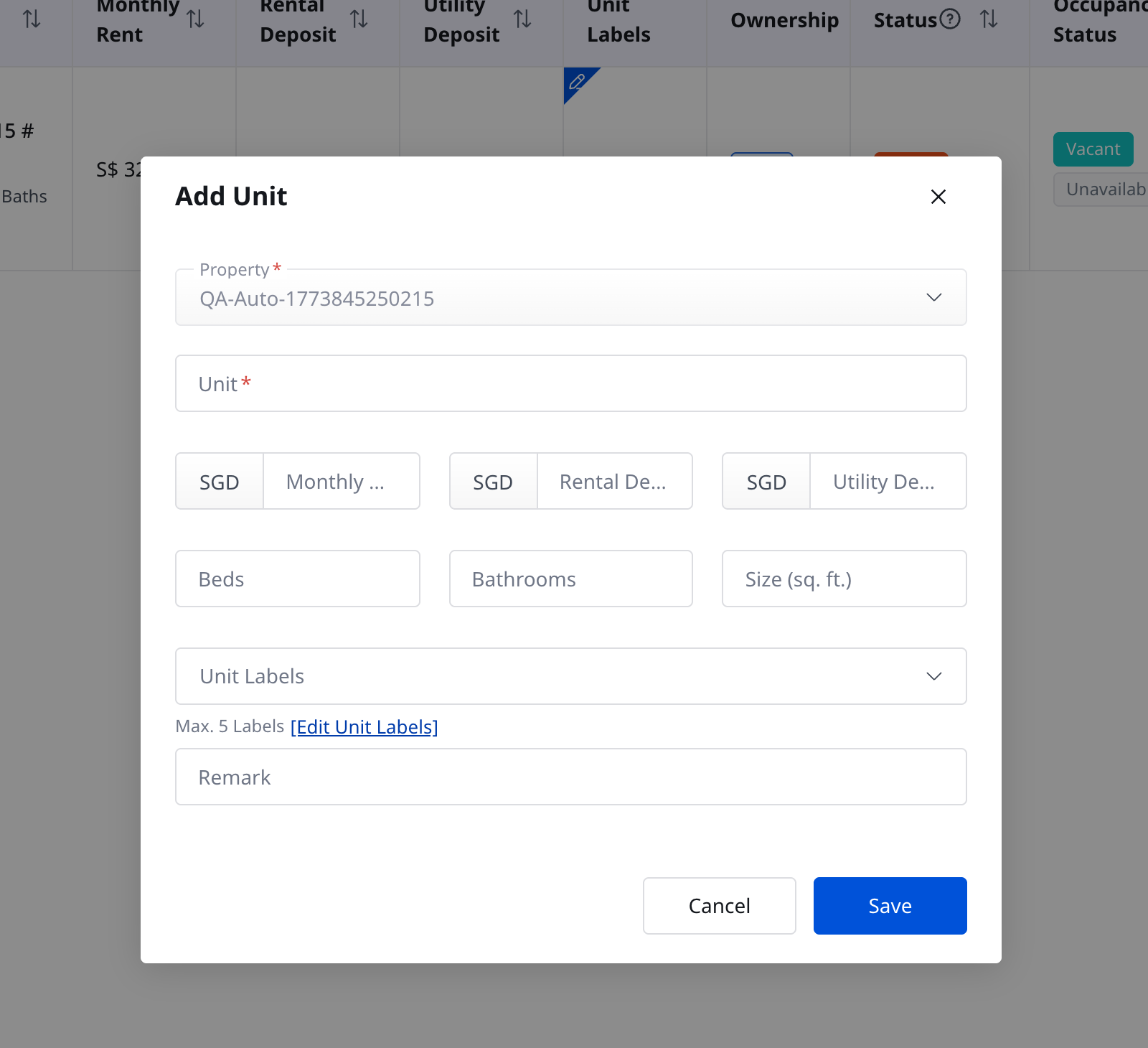 Web Add Unit dialog