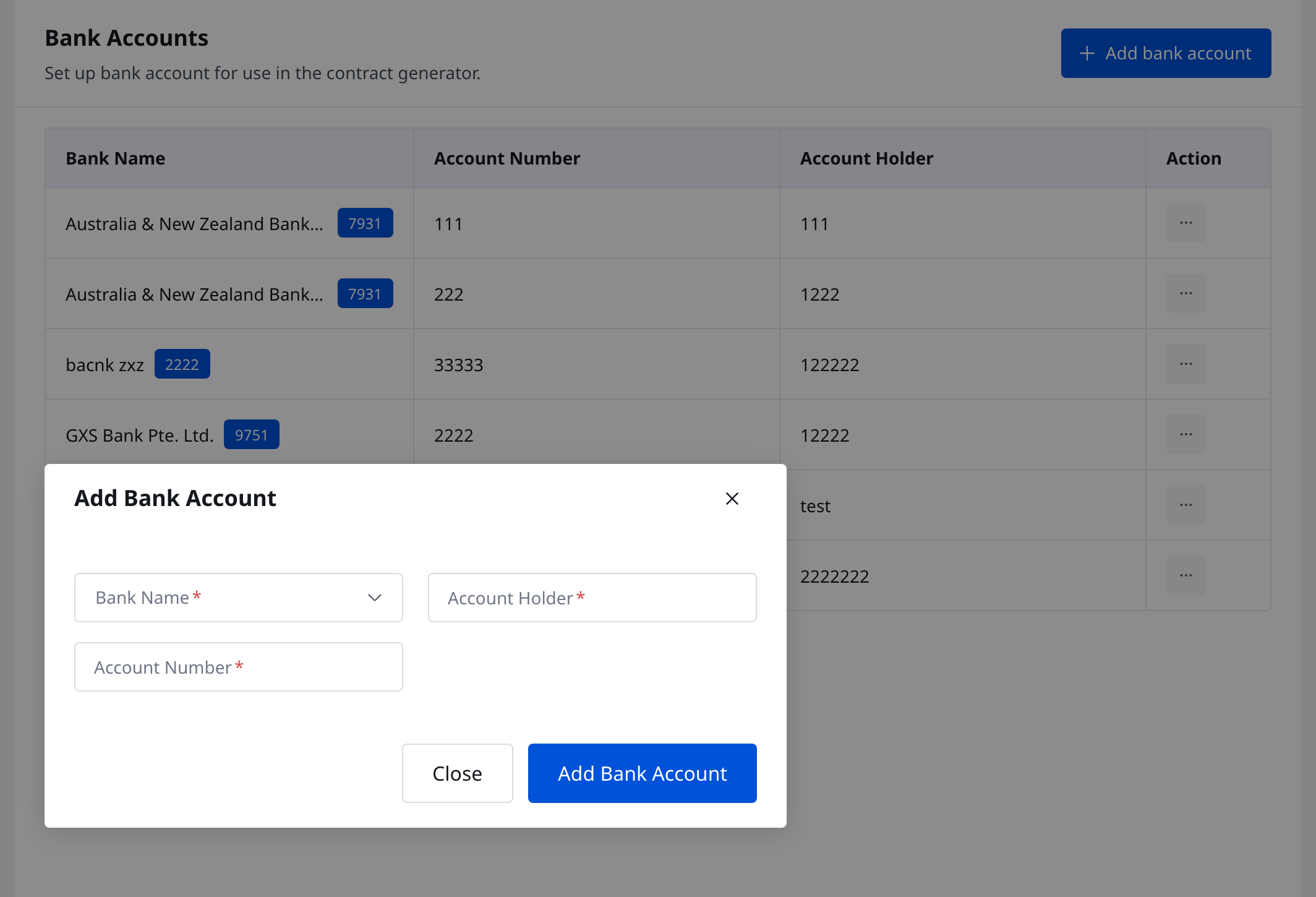 Add bank account dialog