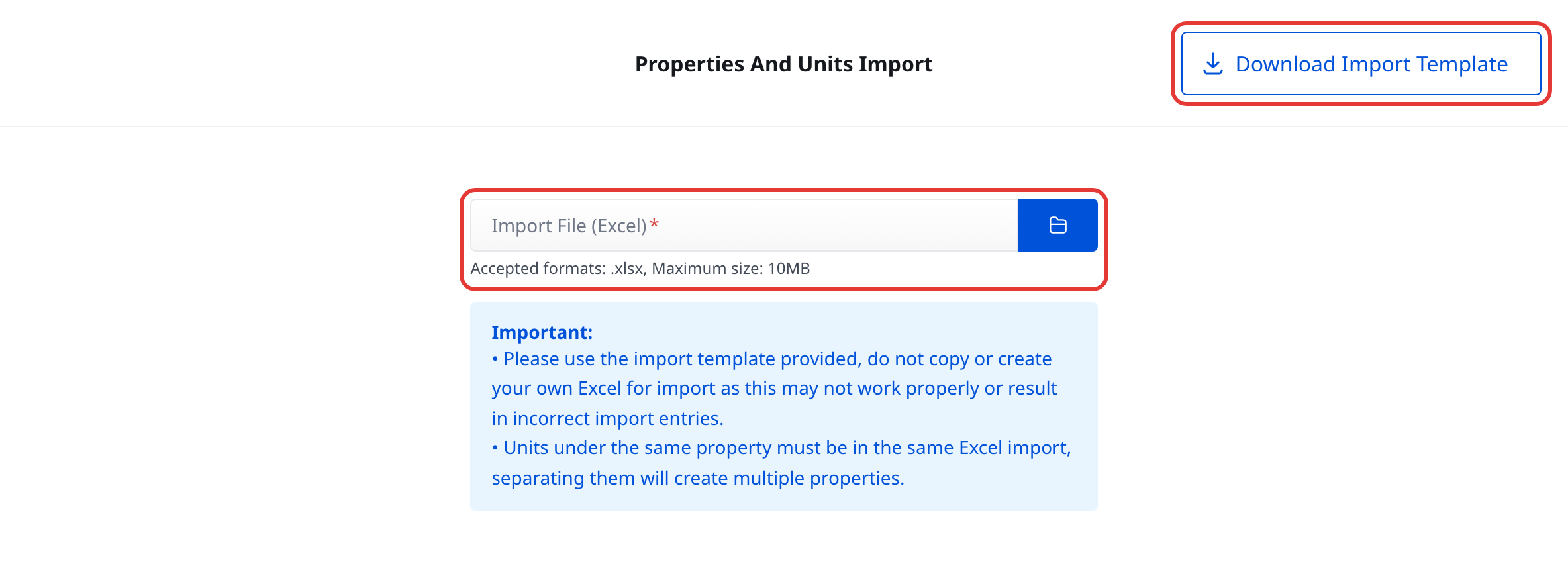 Properties and Units Import page