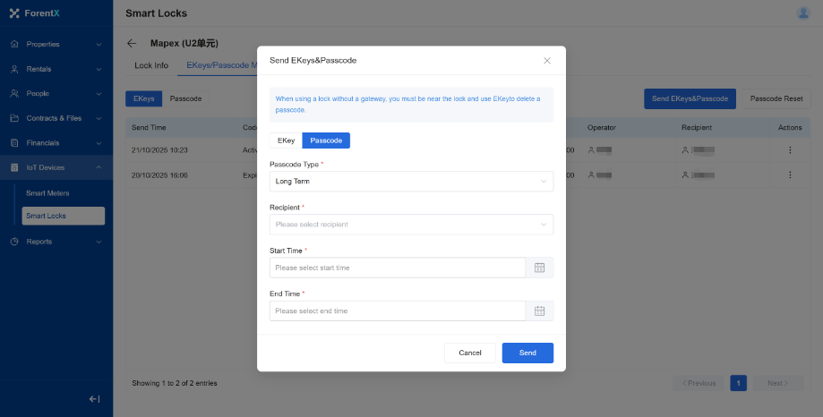 Open the eKey or passcode sending area in Web