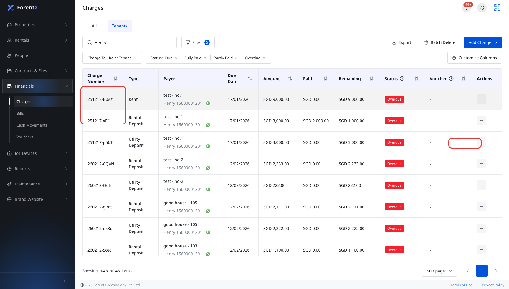 Charges action menu for View Invoice