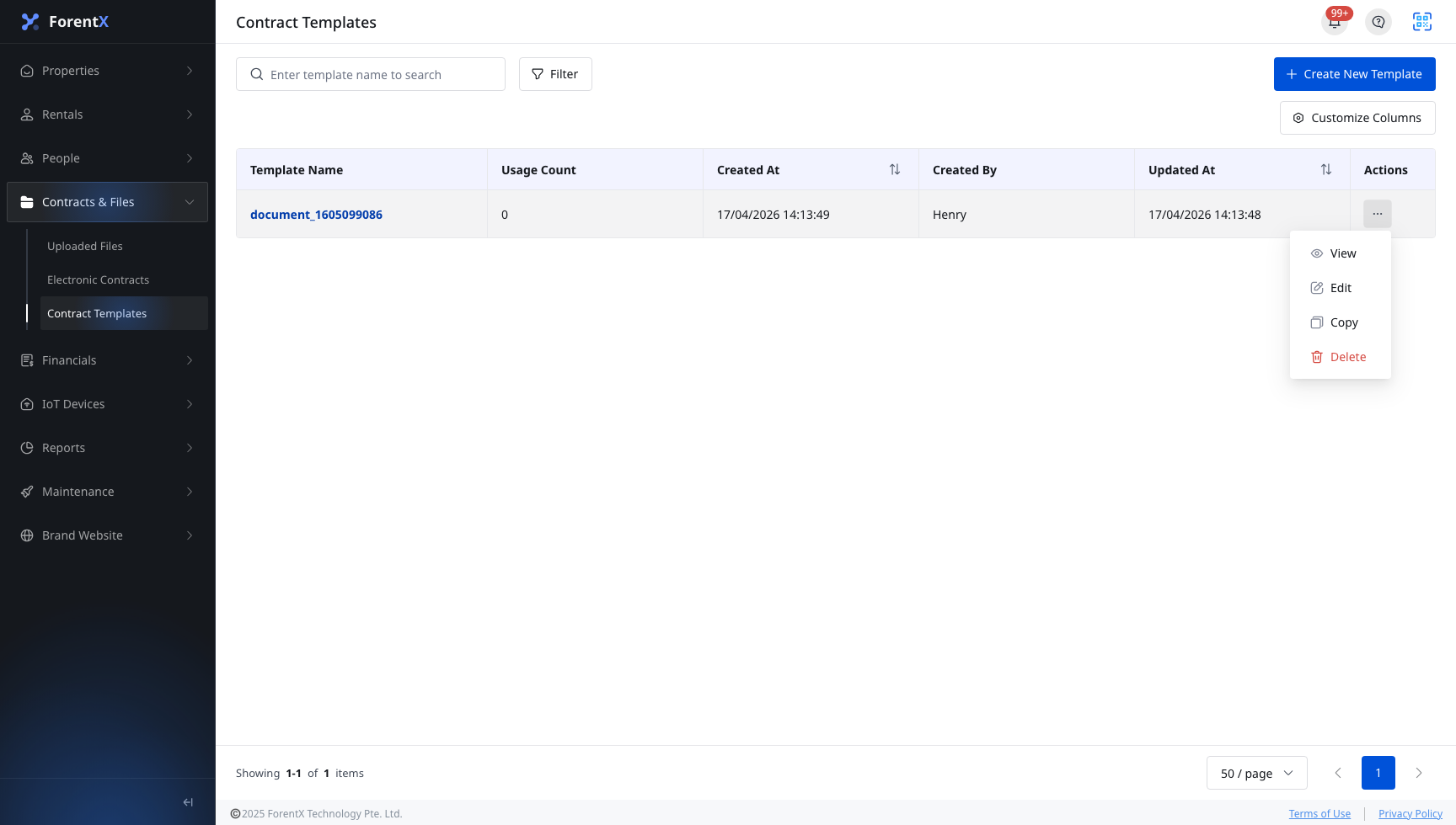 Contract Template Actions Menu