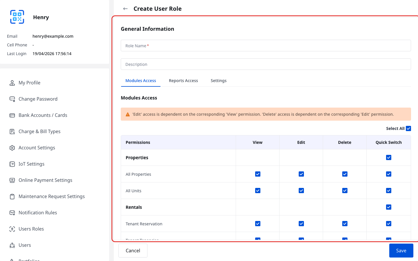 Create User Role Page