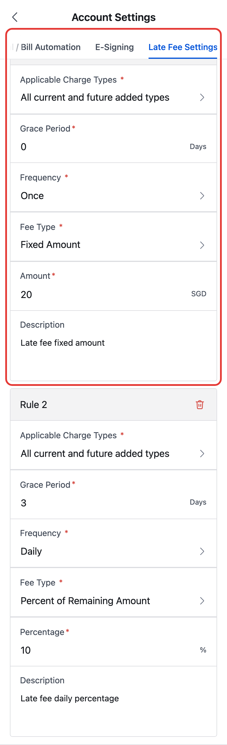 Late Fee Rule Setup