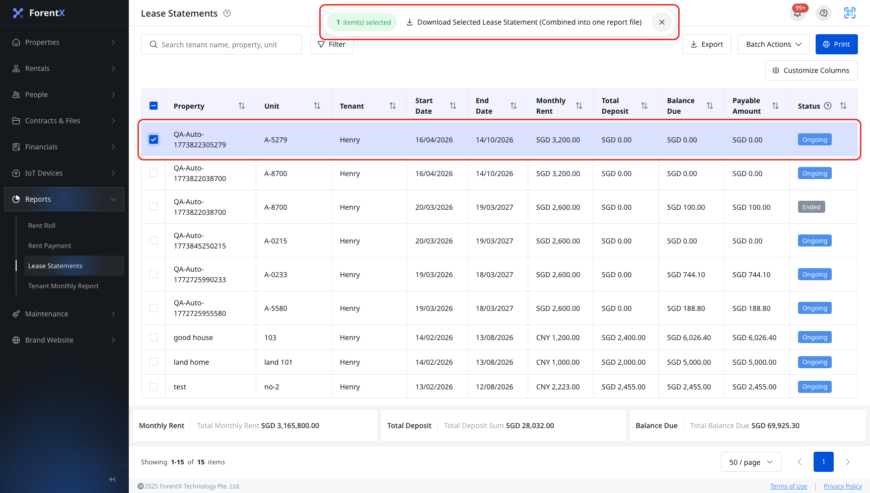 Lease Statements batch selection mode