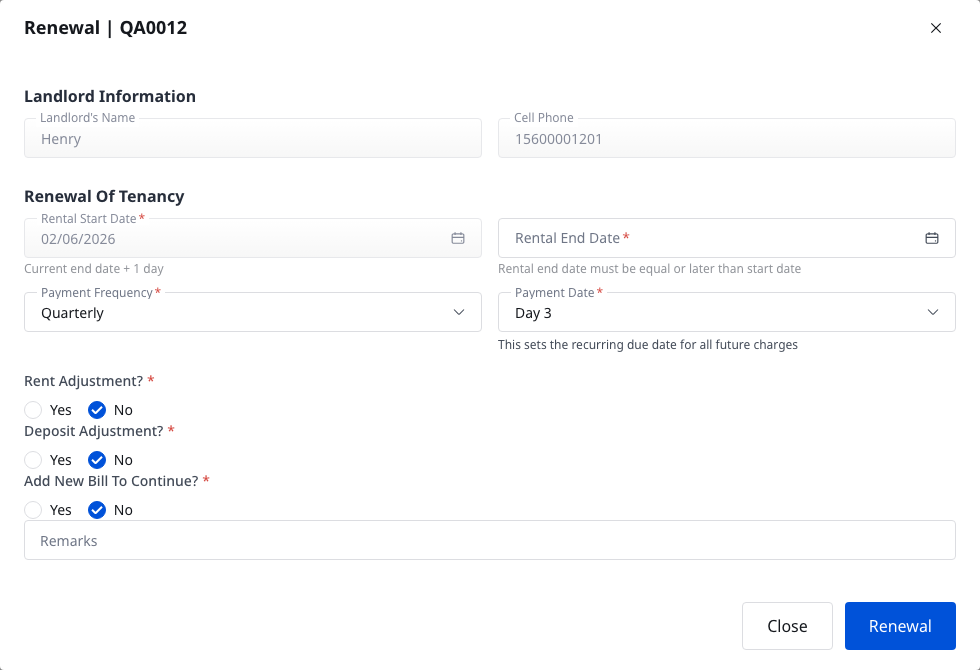 Landlord tenancy renewal dialog
