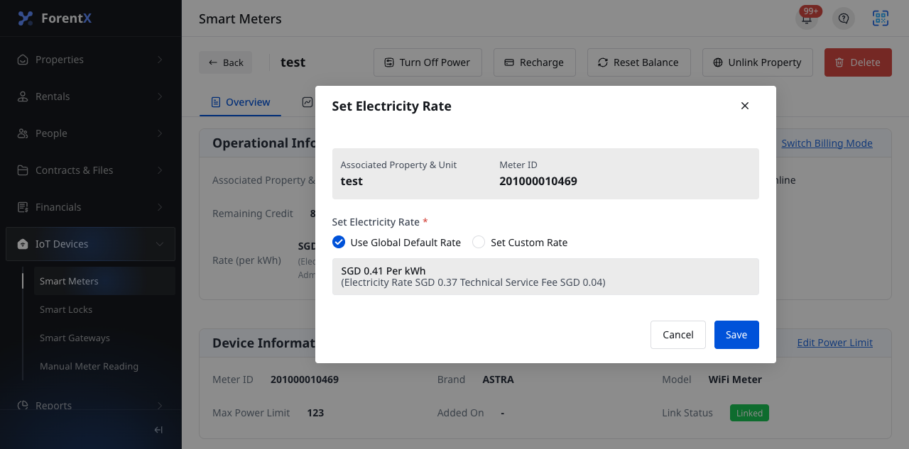 Smart meter edit electricity rate dialog
