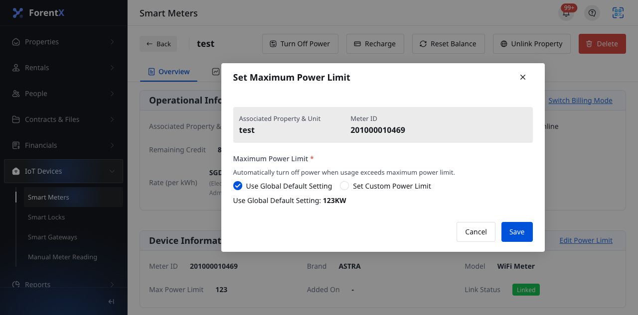 Smart meter edit power limit dialog
