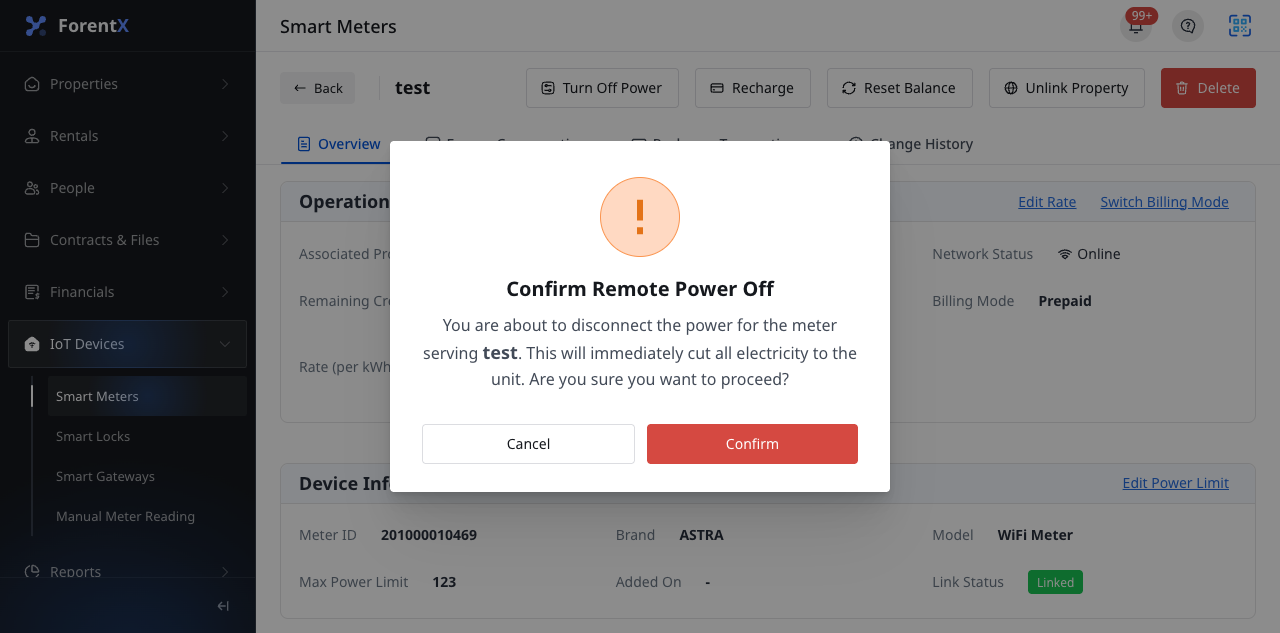 Smart meter power off confirm dialog
