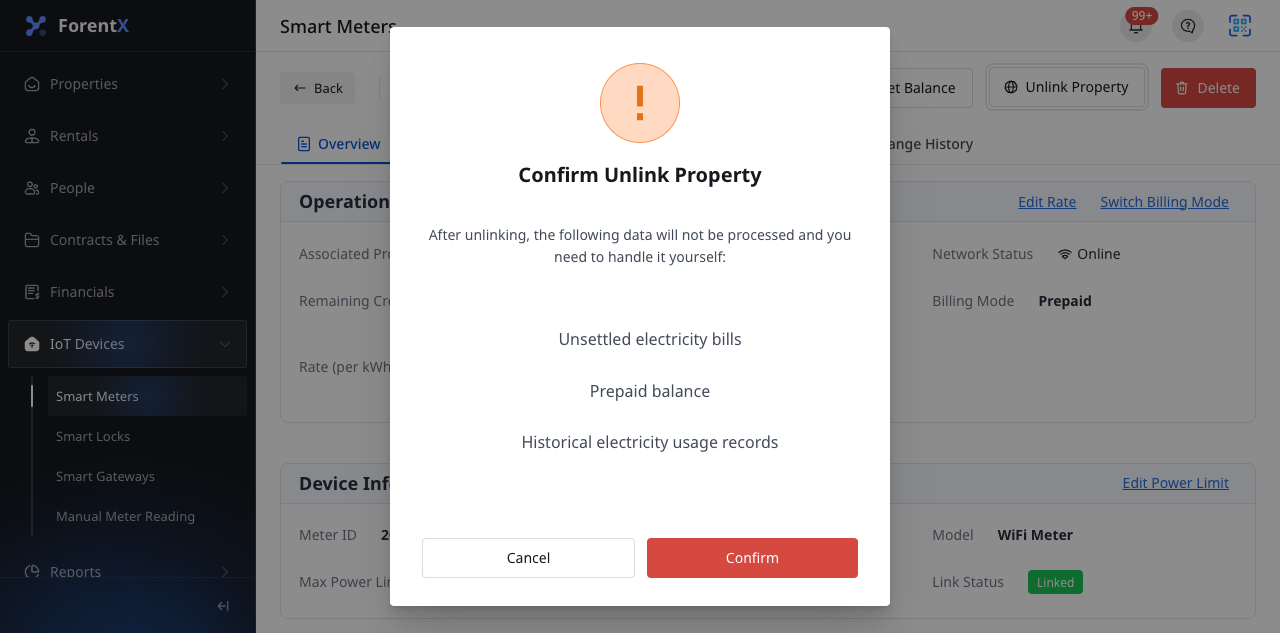 Smart meter unlink property confirm dialog