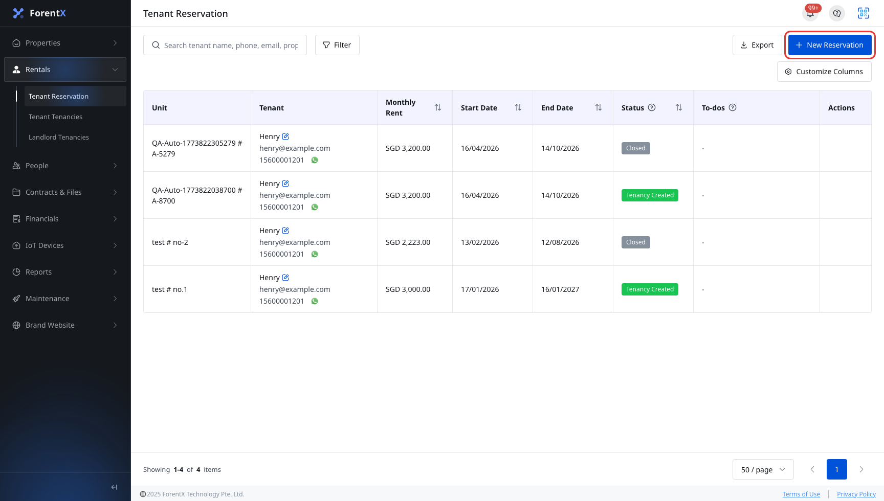 Web entry to Tenant Reservations