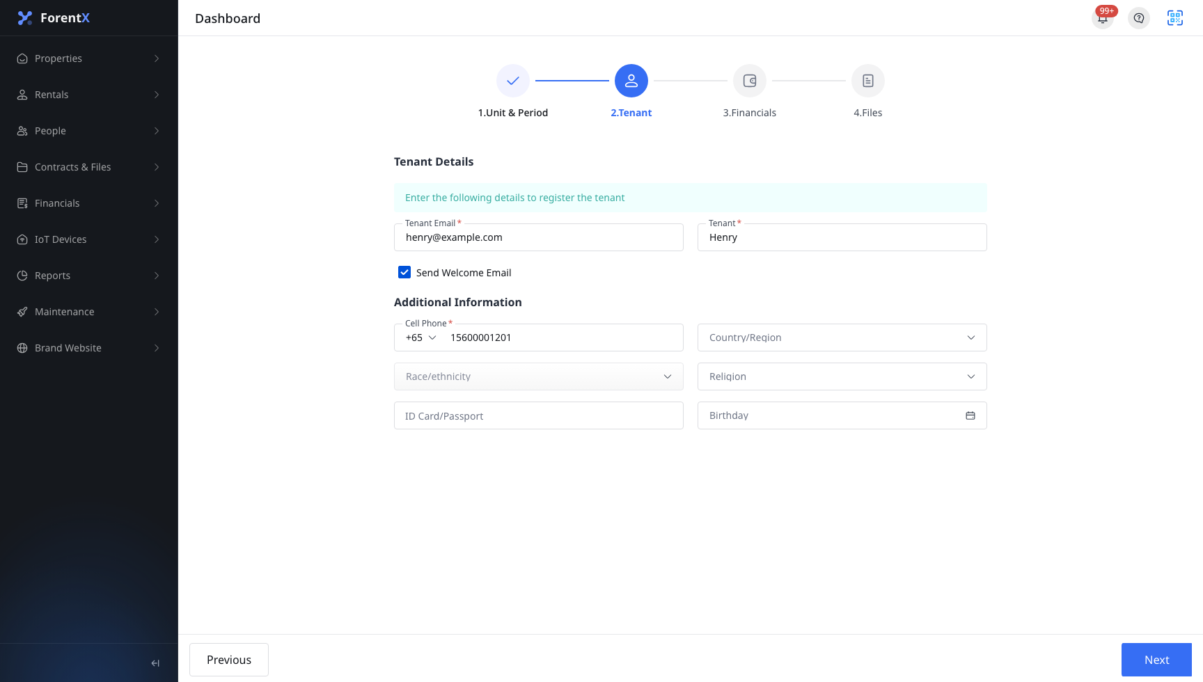 Web reservation tenant step