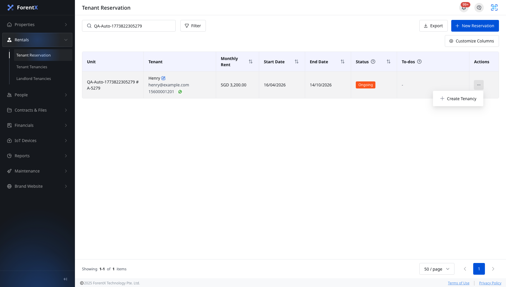 Web action for Create Tenancy