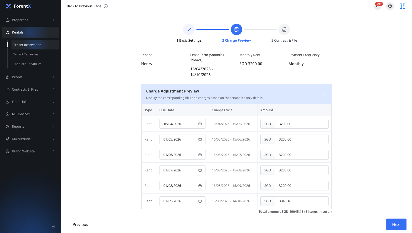 Web Charge Preview in Create Tenancy