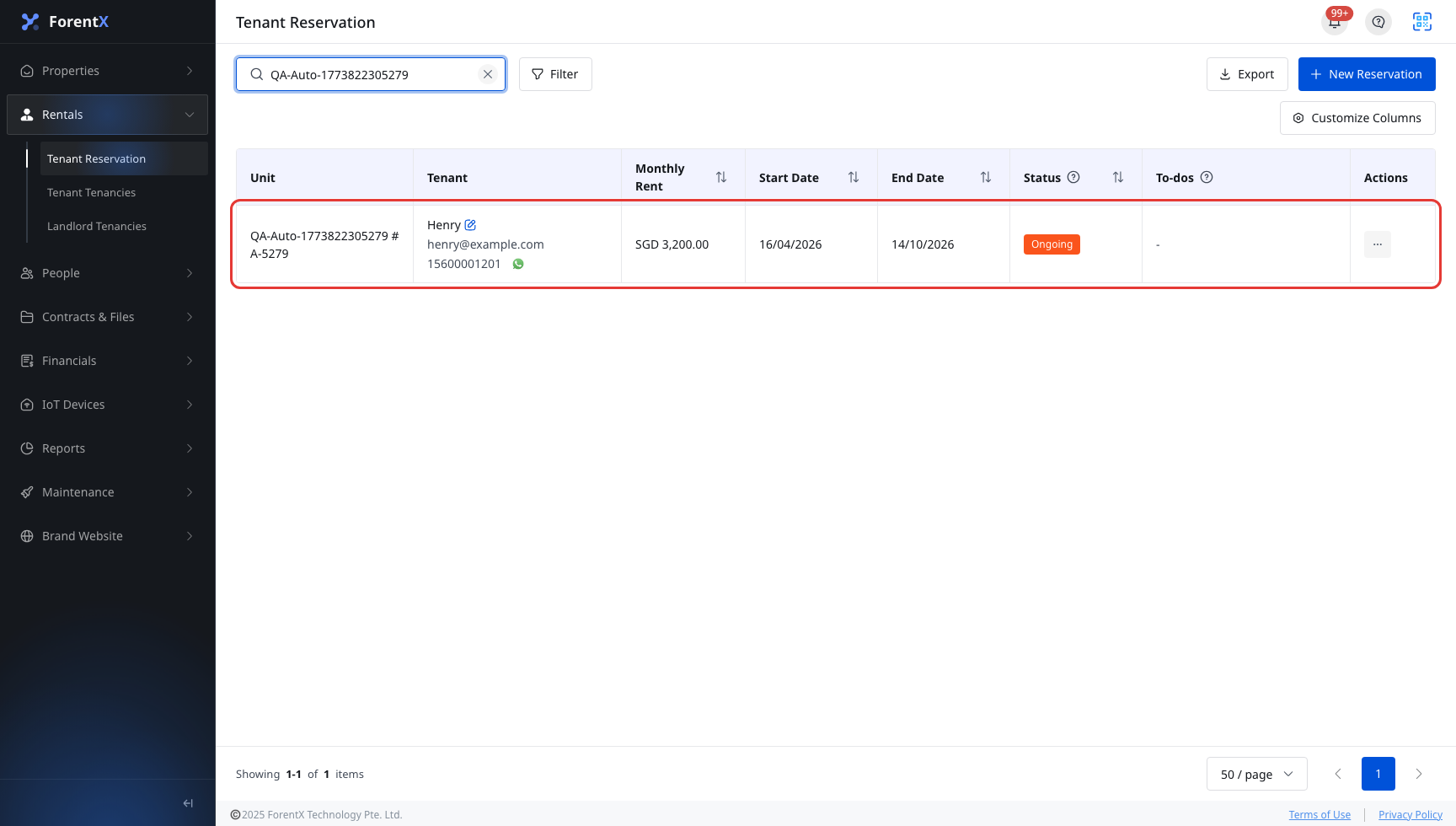 Web entry to Tenant Reservation