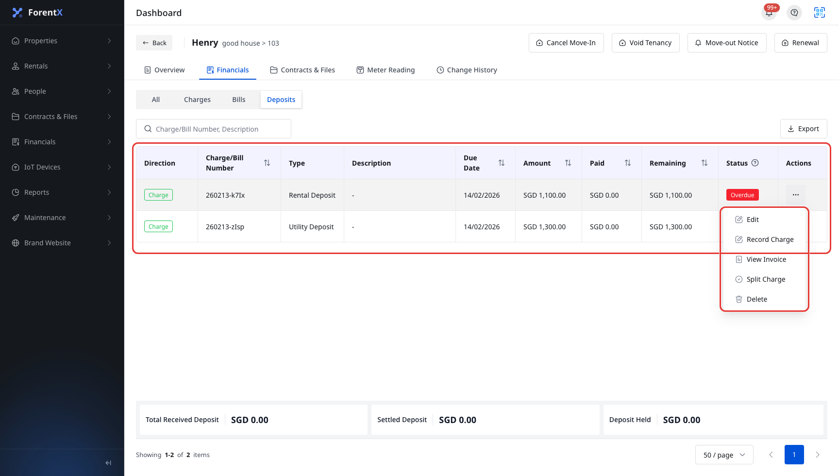 Web deposit row actions