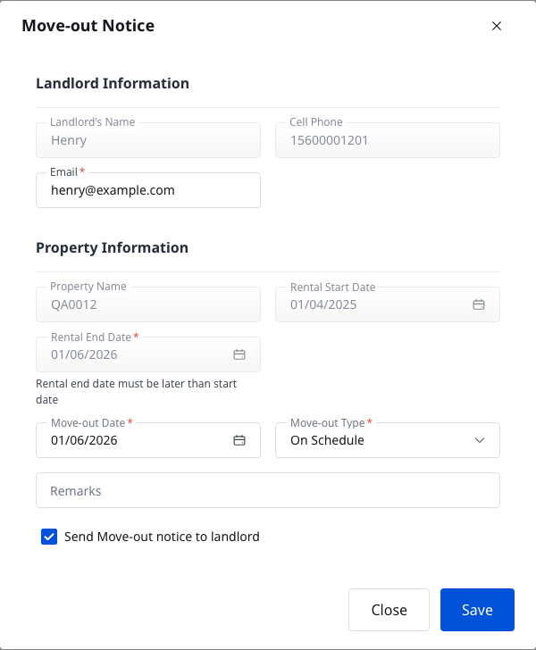 Move-out Notice dialog