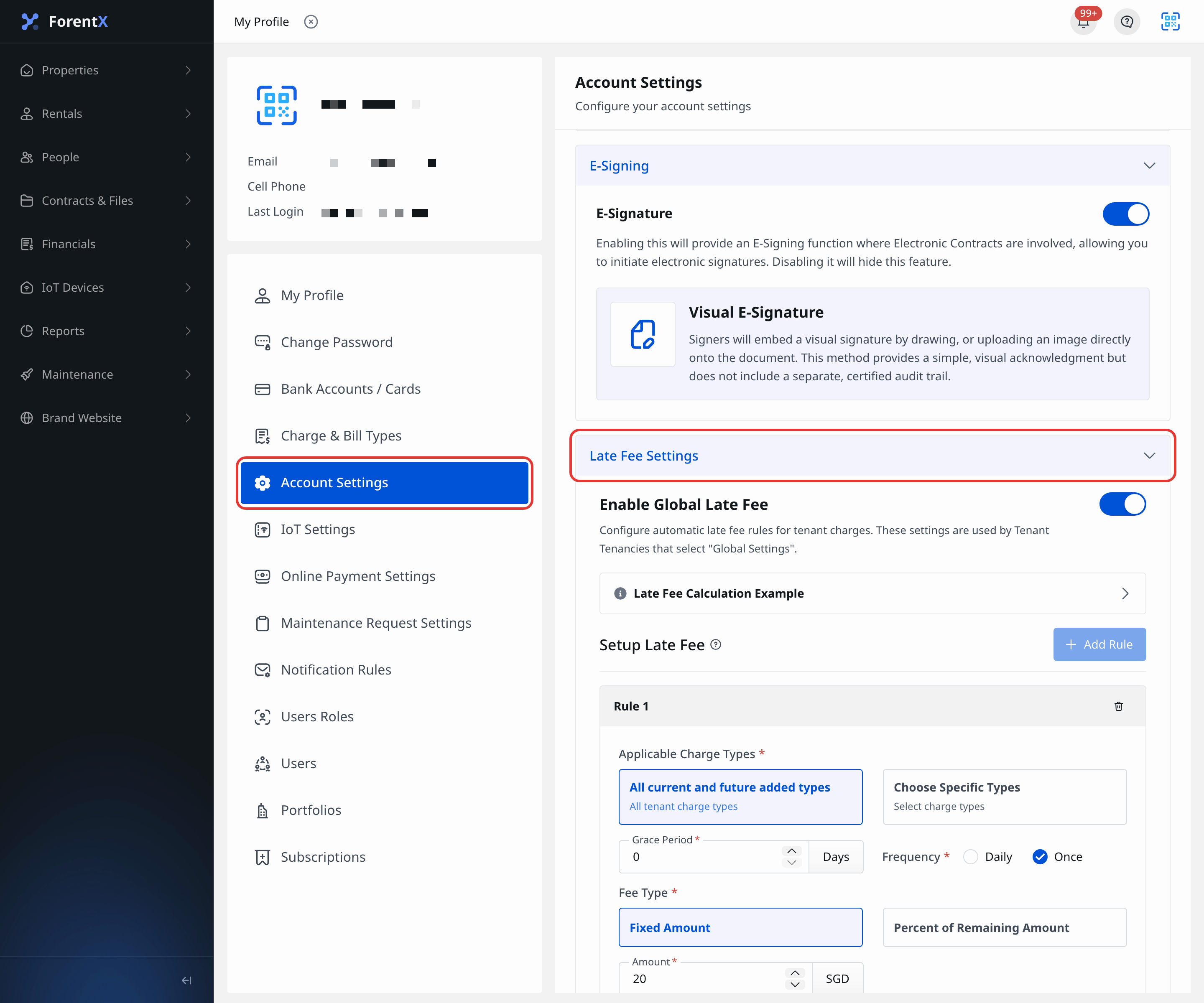 Web Entry to Late Fee Settings