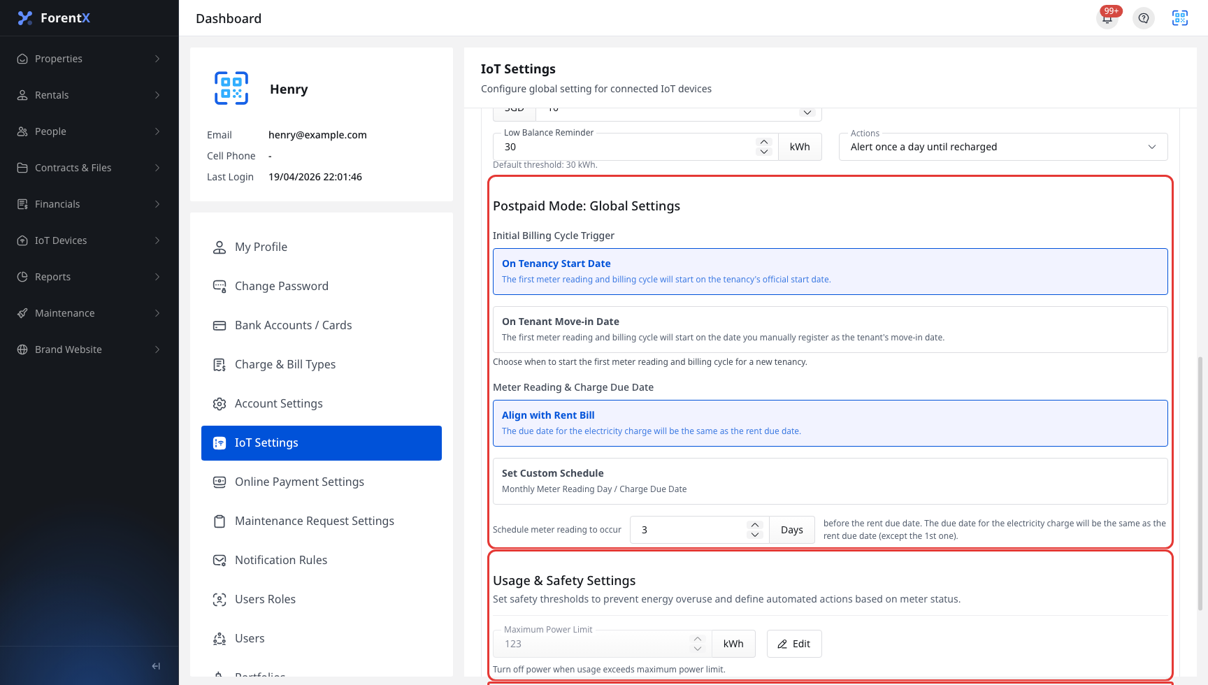 Web smart meter postpaid and safety settings