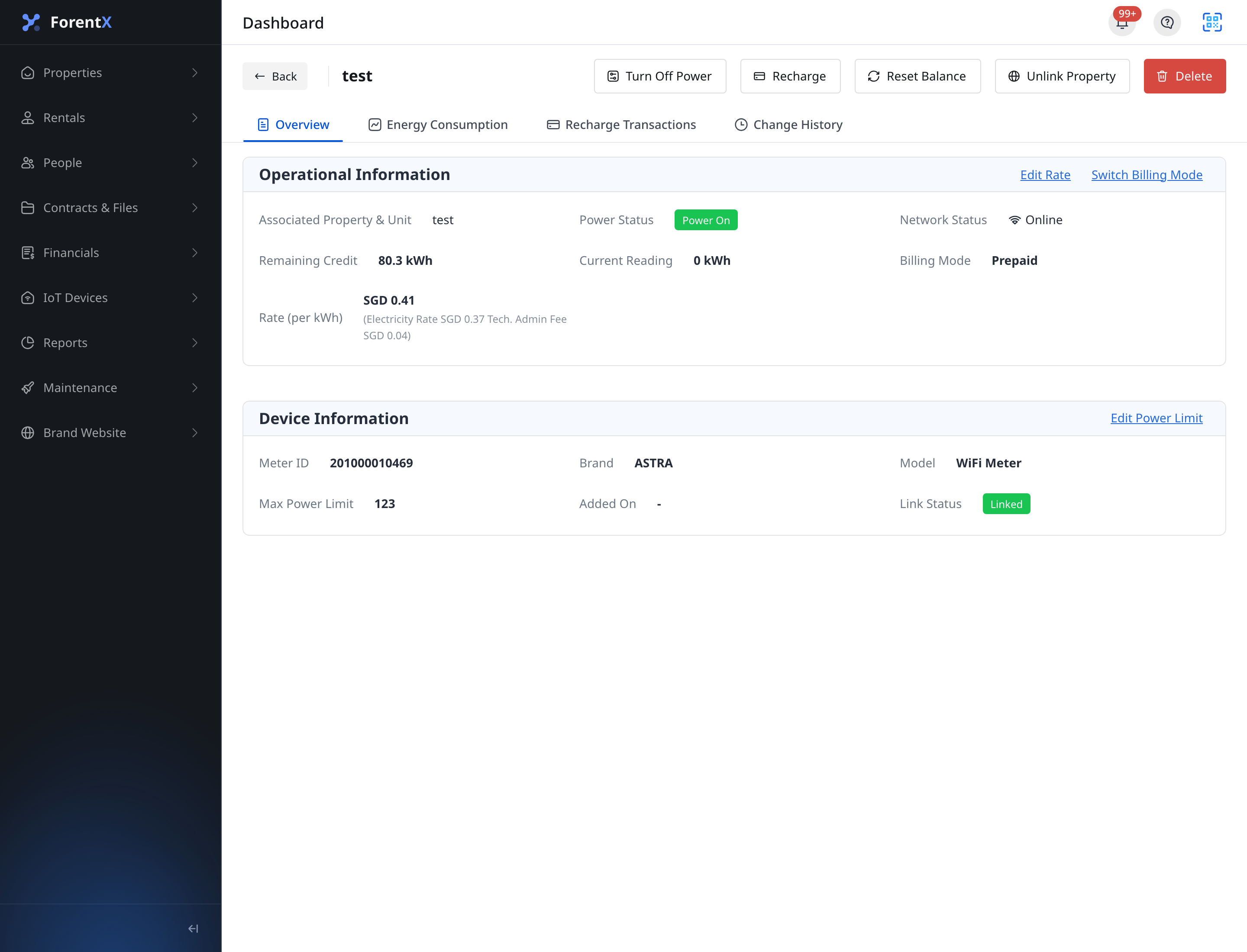 Web smart meter detail with Reset Balance