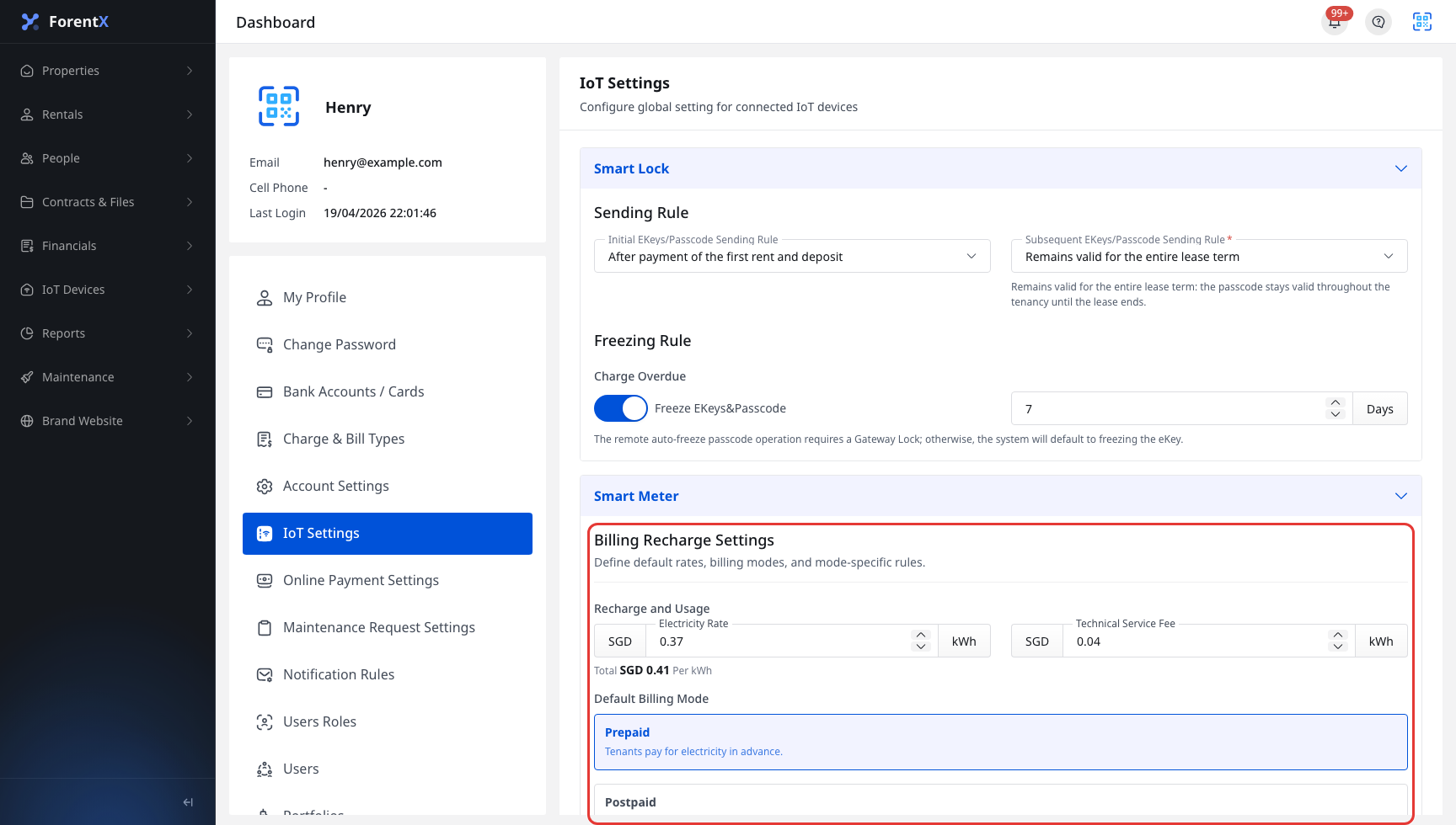 Web smart meter settings overview