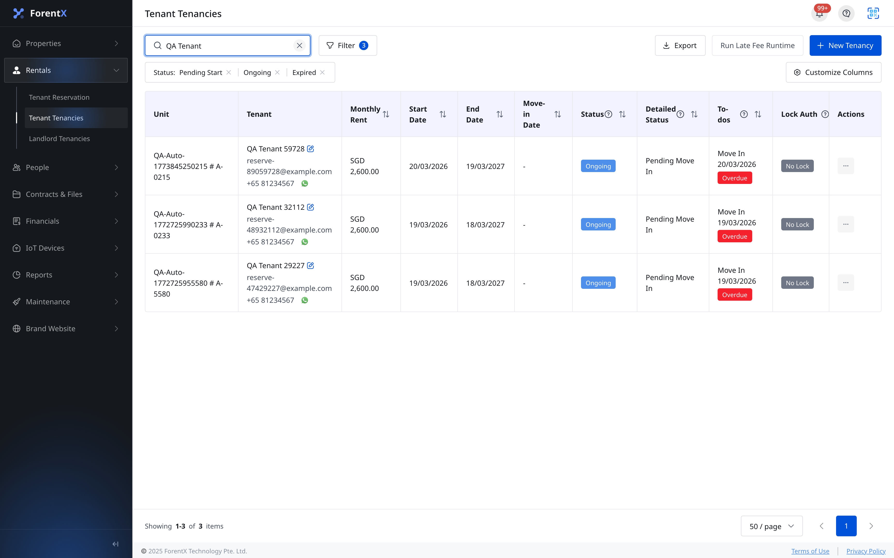 Tenant tenancies list with status columns