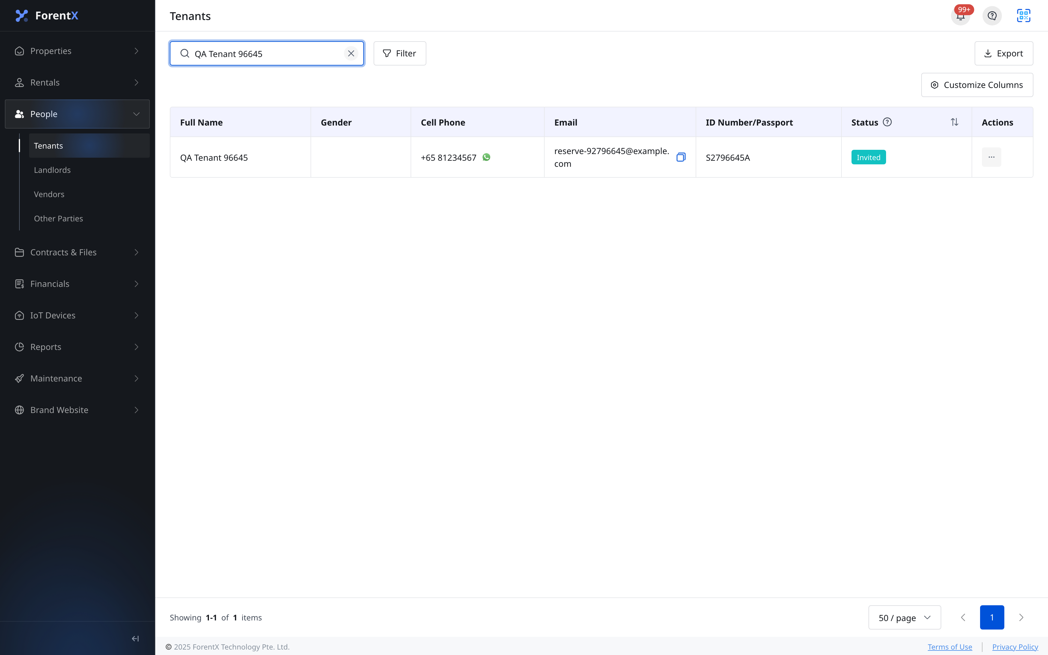 Web tenant status search result