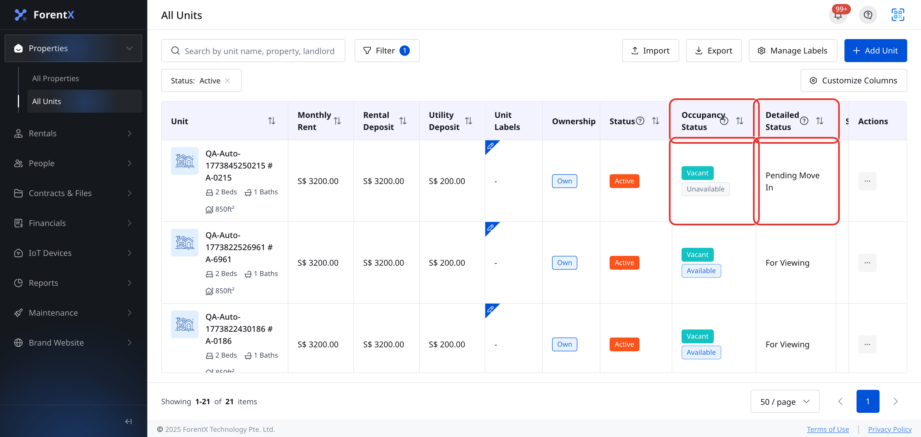 Web All Units status columns