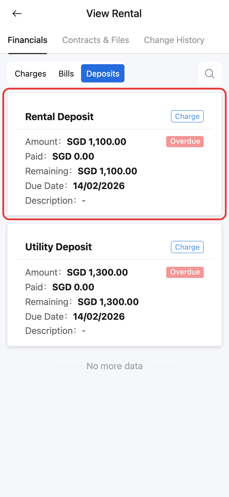 App deposit list overview