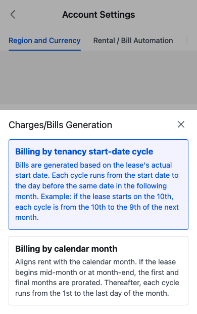 App Charges and Bills Generation options