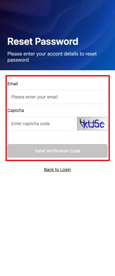 App reset password screen