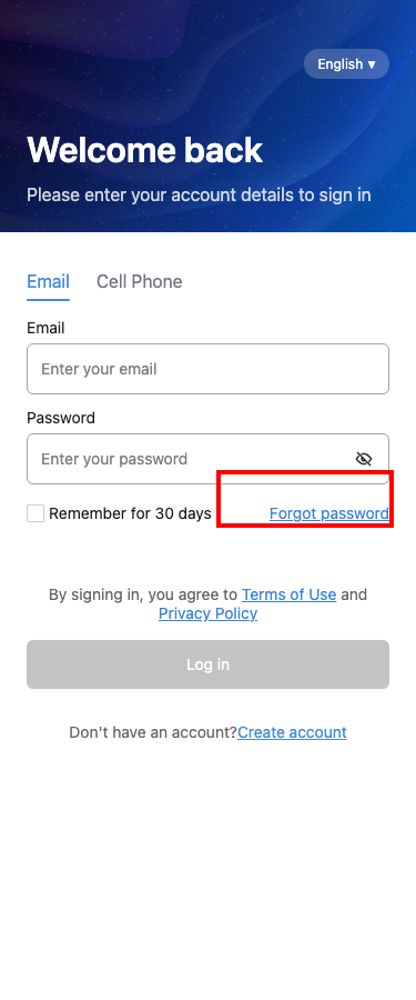 App login screen with Forgot password