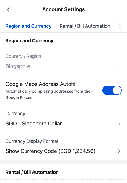 App Region and Currency section