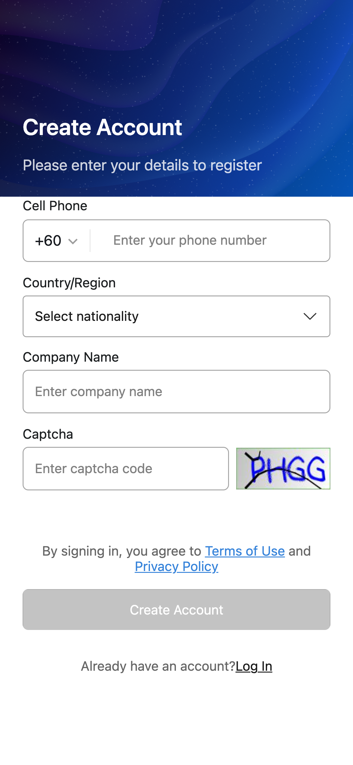 App register account details