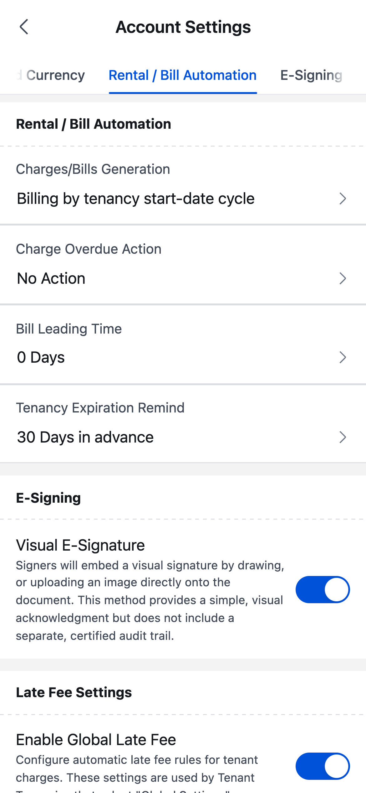 App rental and bill automation section