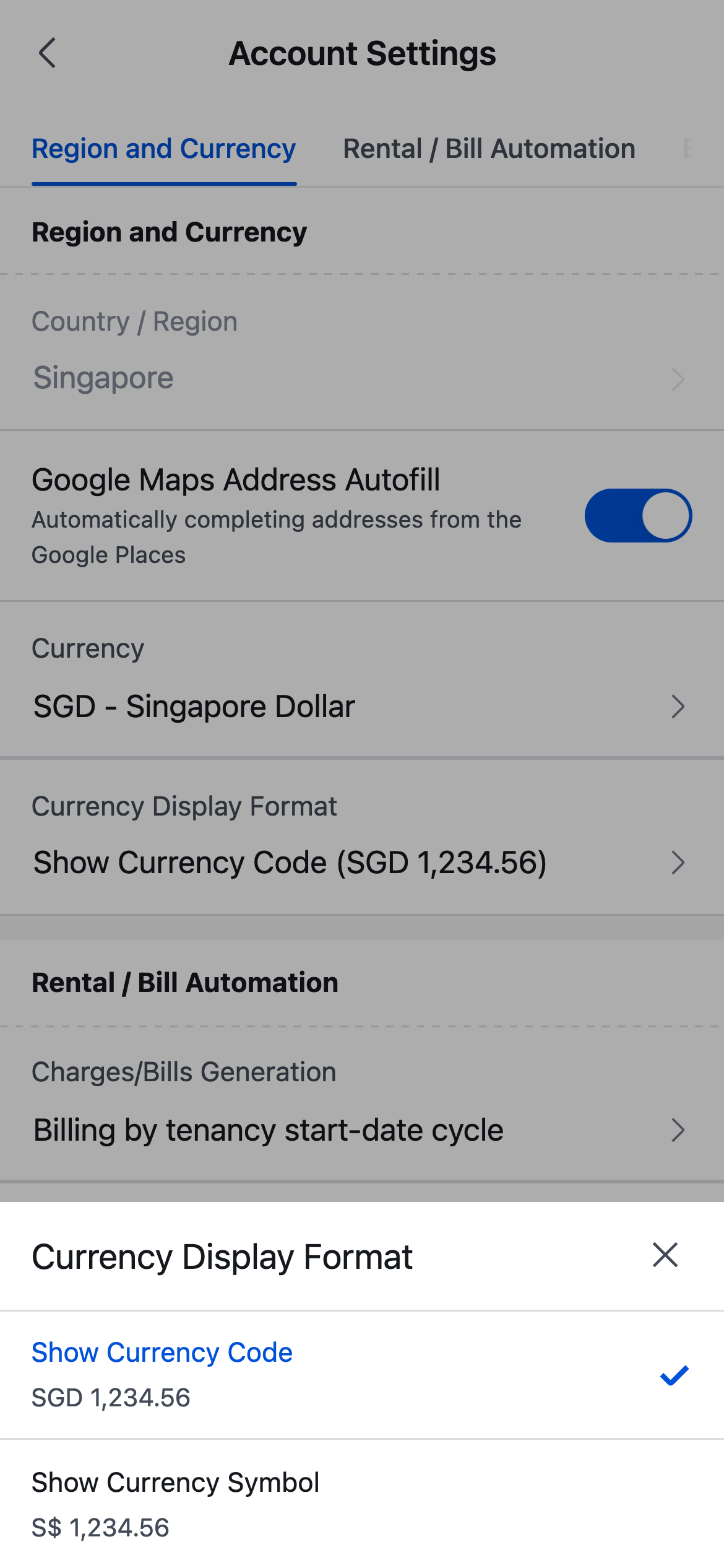 App currency display format popup
