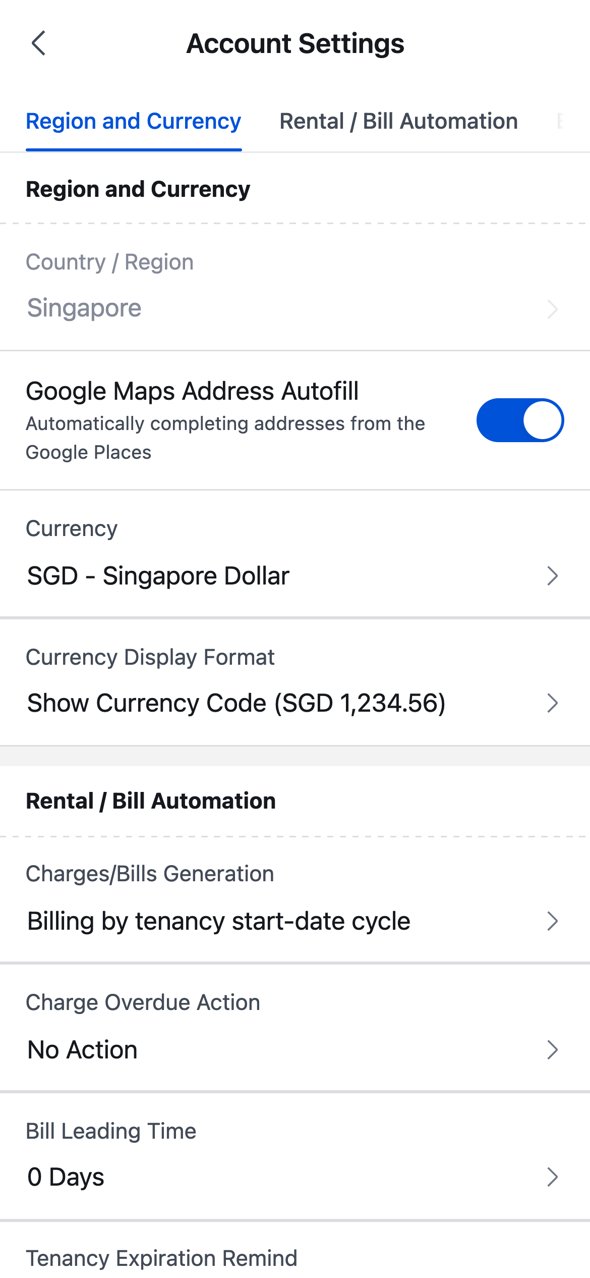 App Region and Currency section