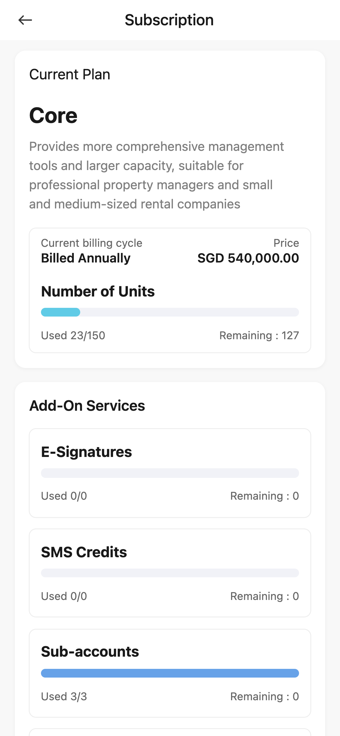 App subscription overview top section