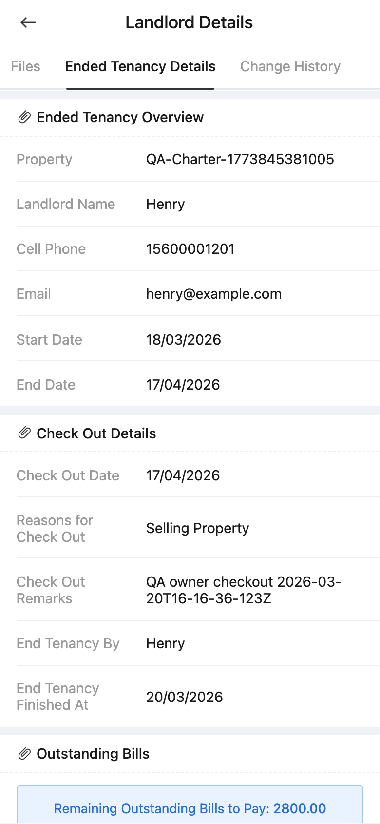 App ended landlord tenancy financial overview