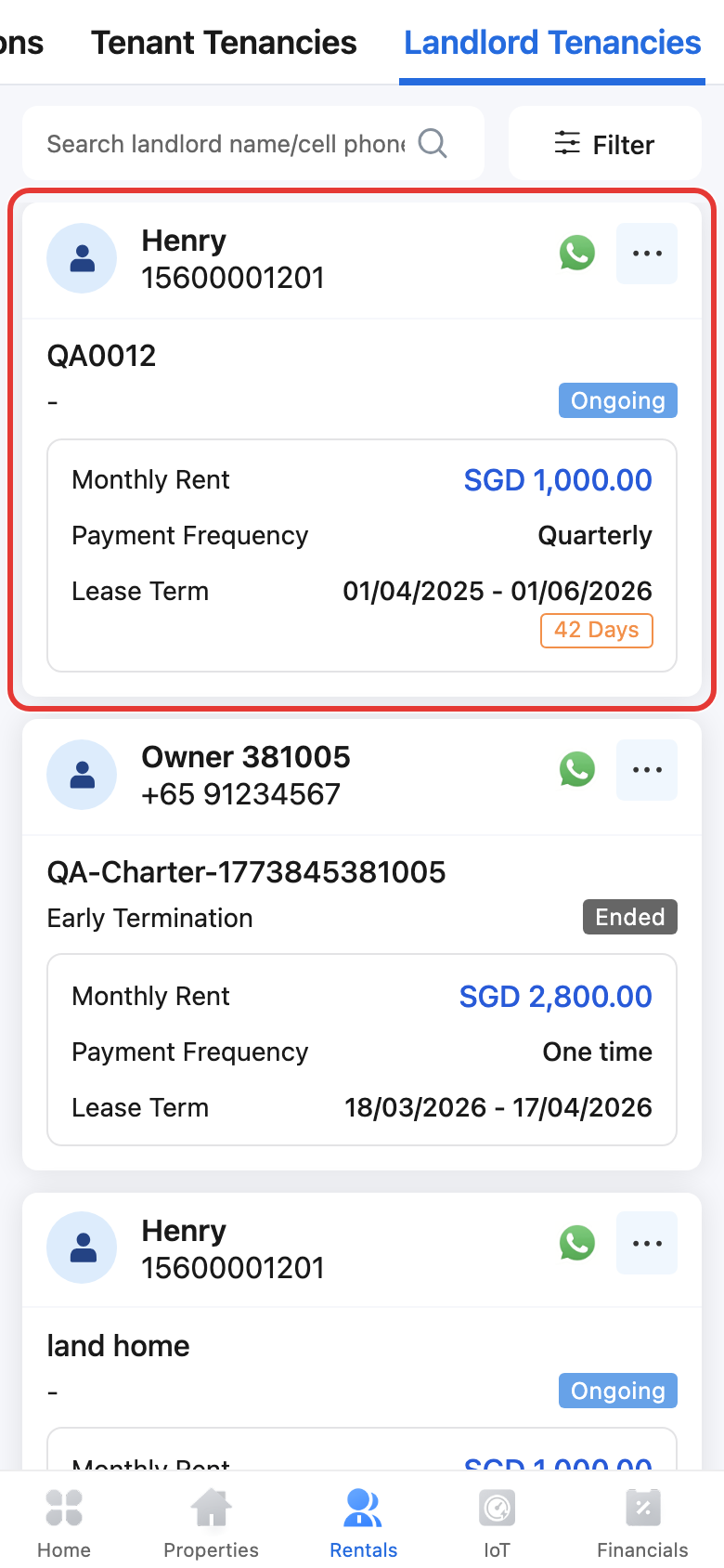 Landlord tenancy status card on App