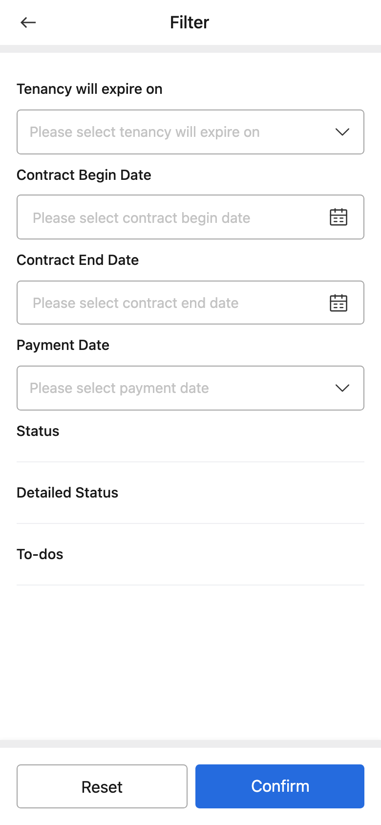 Landlord tenancy status filters on App