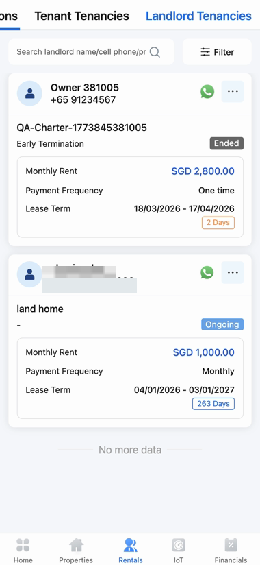 App Landlord Tenancies list