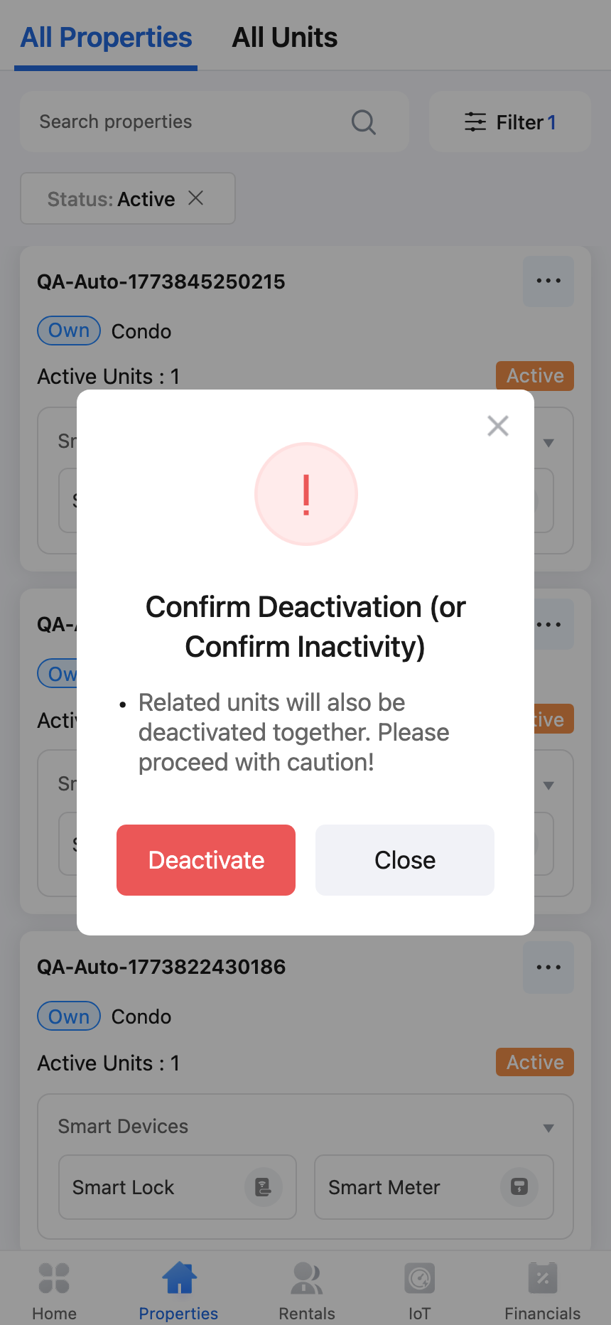 App property deactivation confirmation