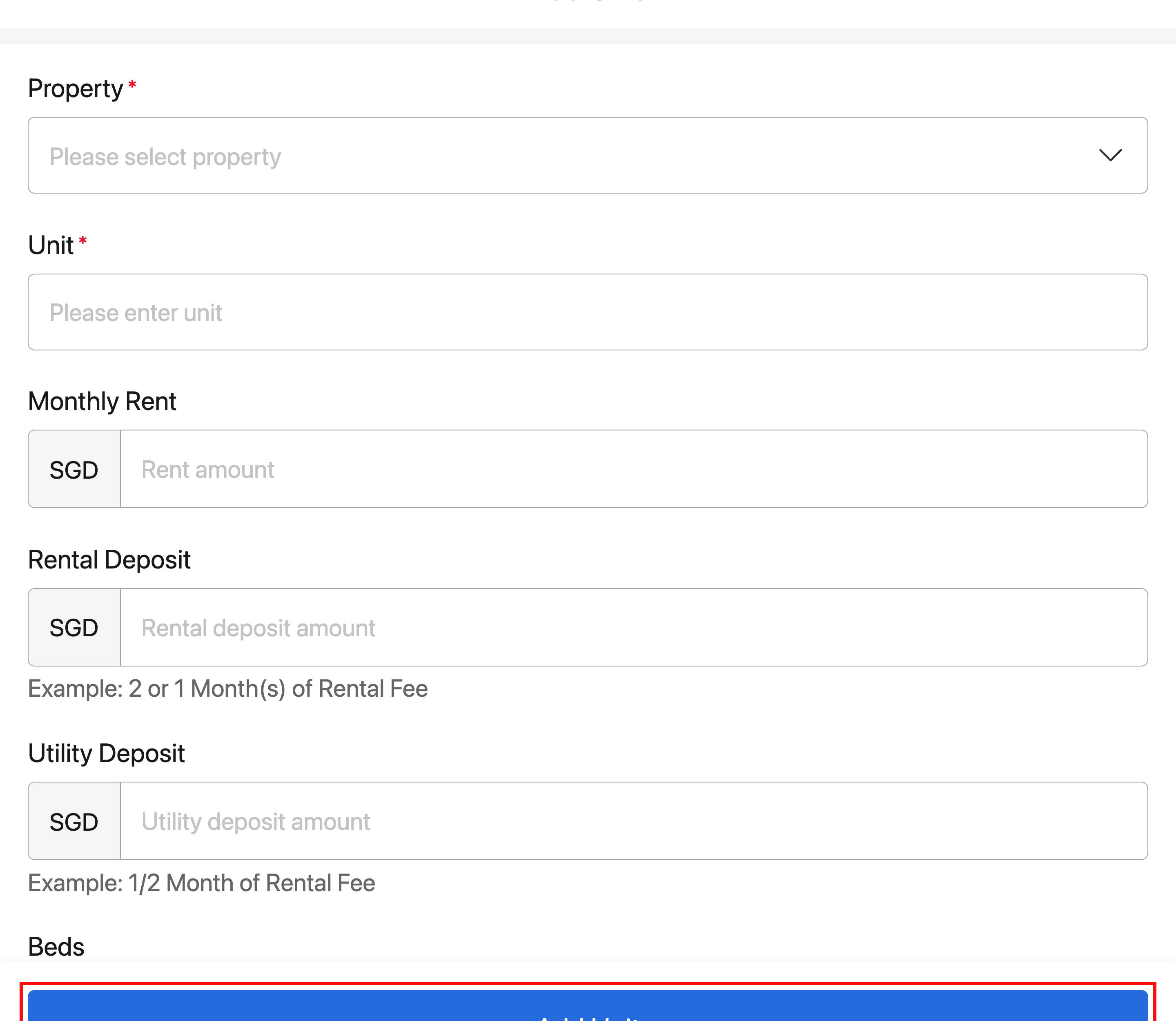 App Add Unit form