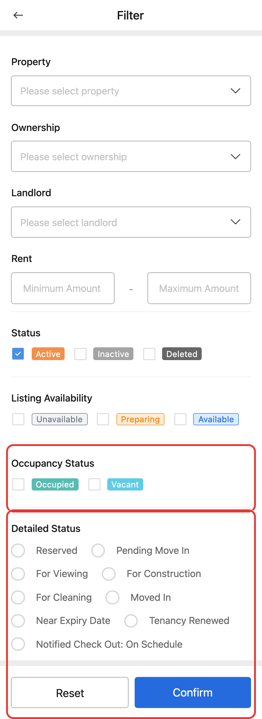 App filter for occupancy and detailed status
