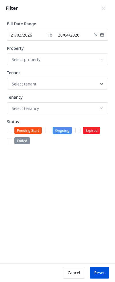 Rent Payment report filter drawer