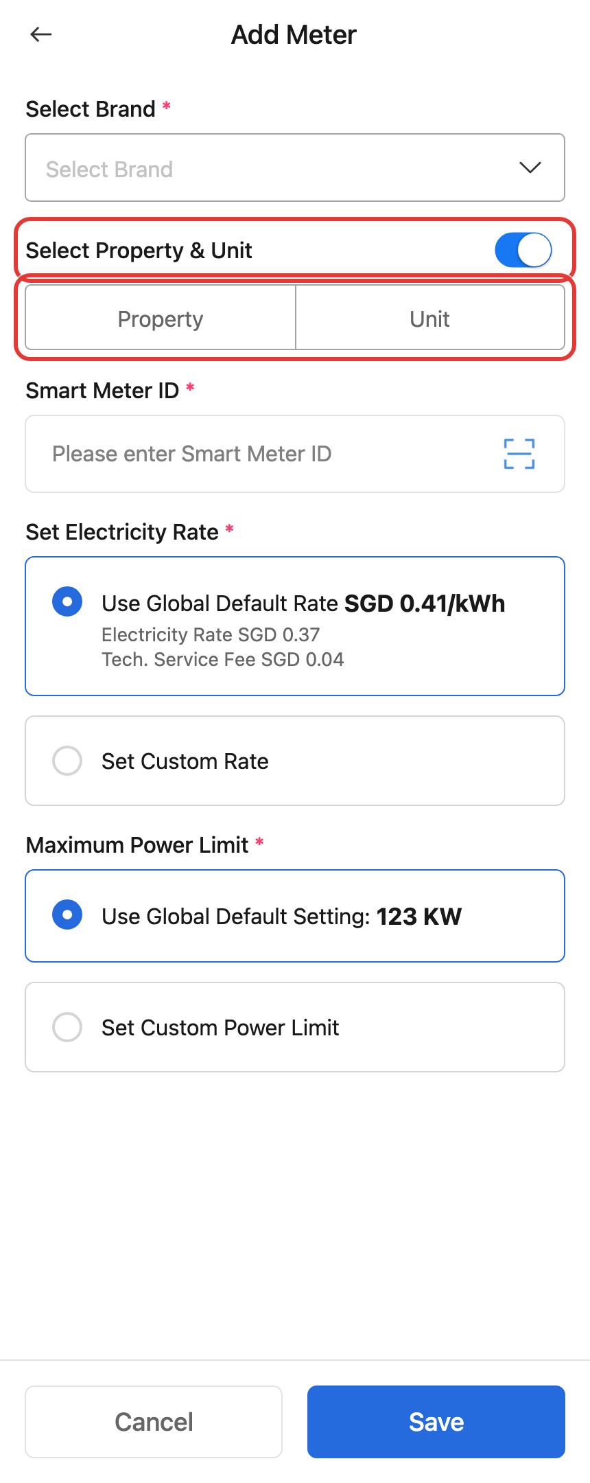 App Add Meter form
