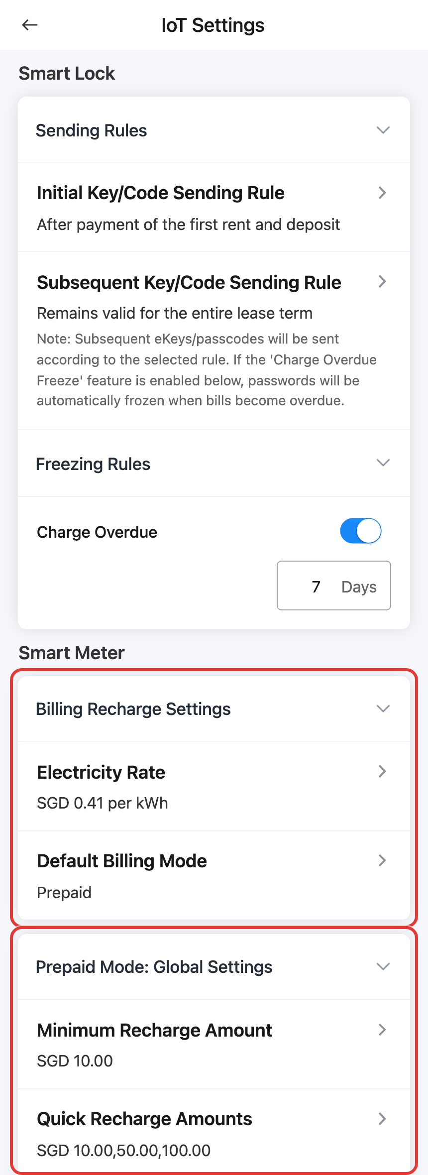 App smart meter settings overview