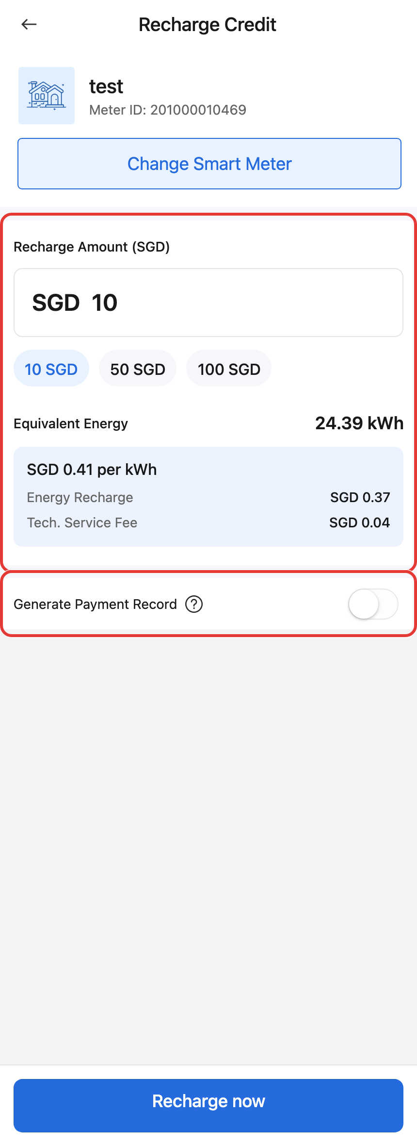 App smart meter recharge page
