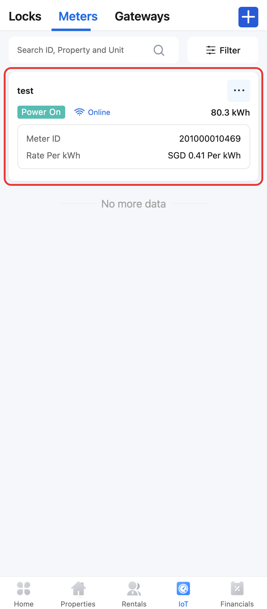 App smart meter detail with Reset Balance